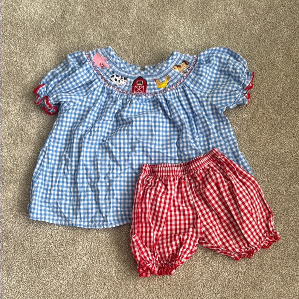 Charming Blue and Red Gingham Matching Set with Puff Sleeves